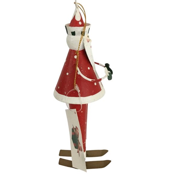 Handcrafted Tin Santa Skiing Ornament Red White Folk Art Lodge Christmas Decor - Picture 2 of 6